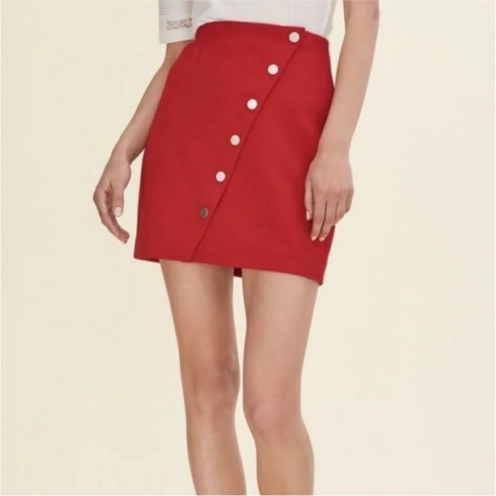 Maje Justine red mini crepe snap button skirt 36 s small holiday